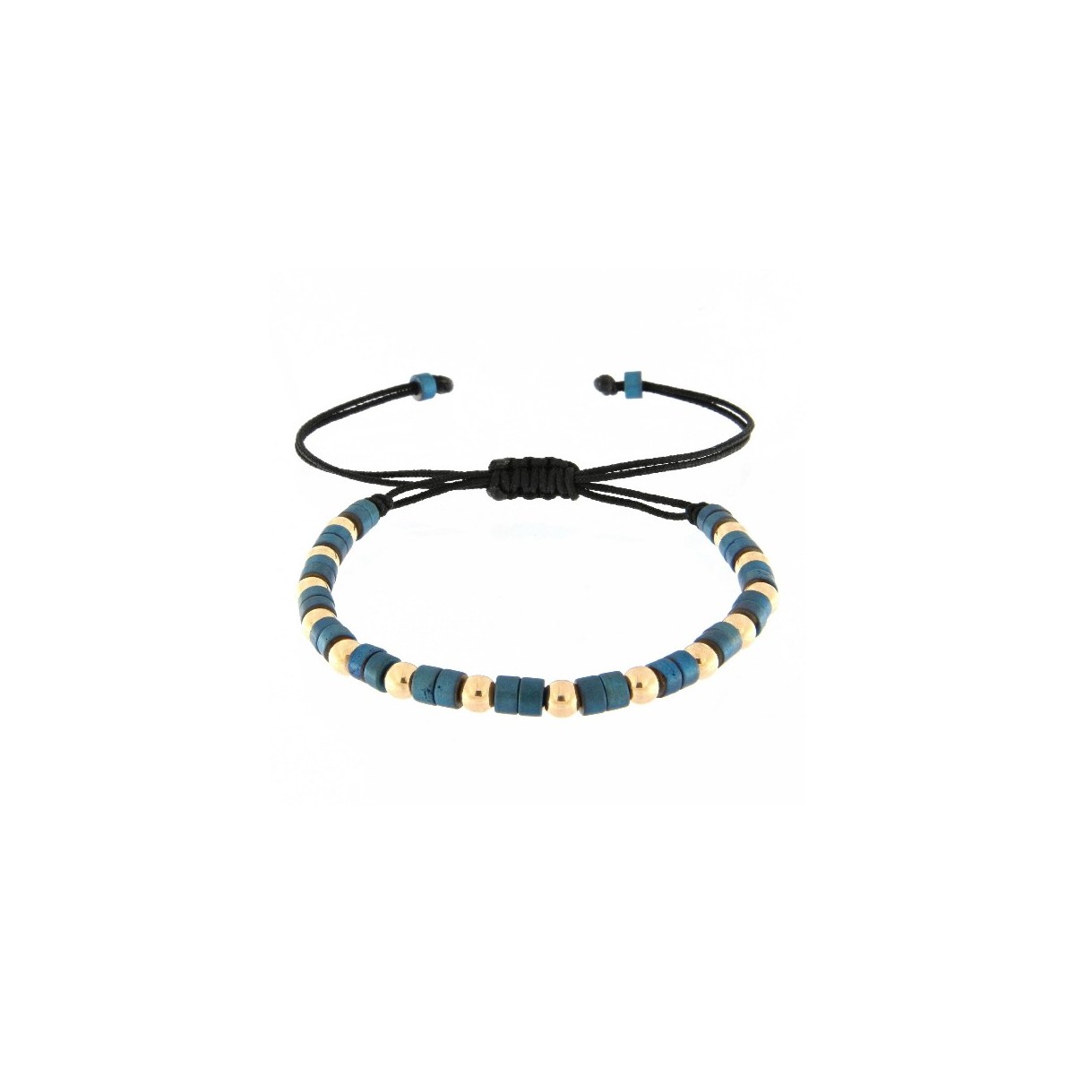 PULSERA HEMATITES AZUL Y ORO ROSA